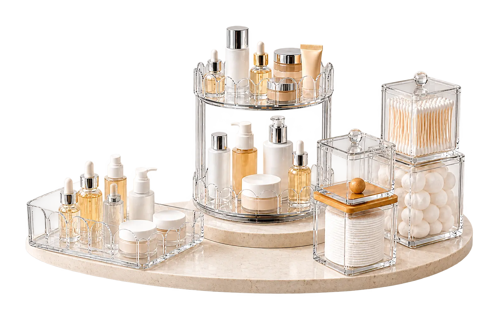 Clear cosmetic and household storage organizers arranged on a warm stone pedestal
